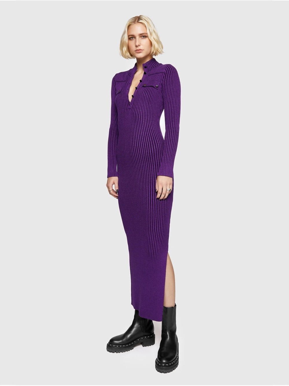 Rebecca Minkoff Purple Ribbed Knit Long Sleeve Maxi Dress
